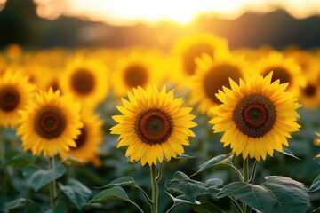 Obraz premium Sunflowers in a Field at Sunset Golden Light and Vibrant Yellow Blooms