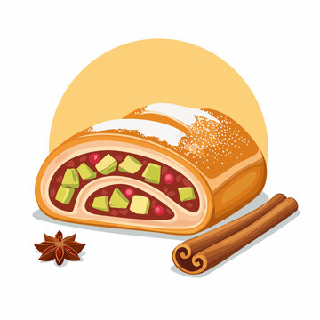baked strudel with fruit, cinnamon sticks clip art preview
