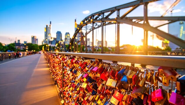 City bridge at sunset with love locks