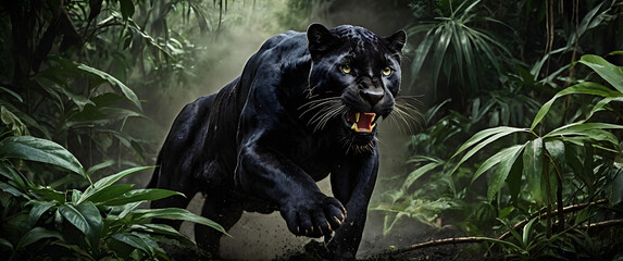 Black Panther in Attack Under the Jungle Canopy