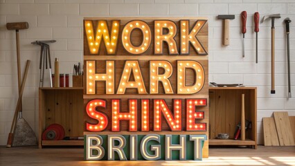 Work hard shine bright motivational sign with light bulbs in workshop studio