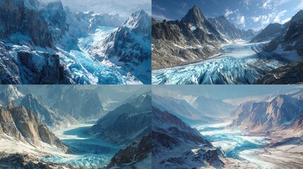 Four quadrant panoramic views of glacial valleys framed by imposing, snow-capped mountains