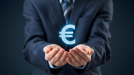 Professional businessman holds glowing Euro symbol, representing wealth and finance