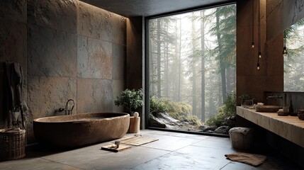 Modern bathroom with forest view