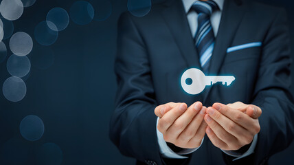 Confident businessman presents the key to success in modern business strategy