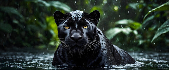 Crouched Panther in water Observing Prey