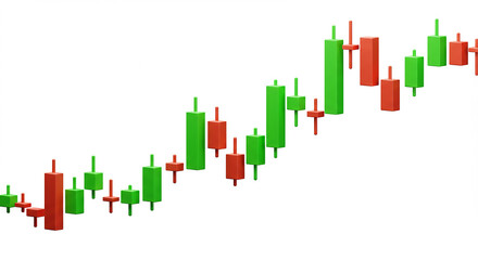 A stylized stock market chart with green and red candlesticks on a clean white background design