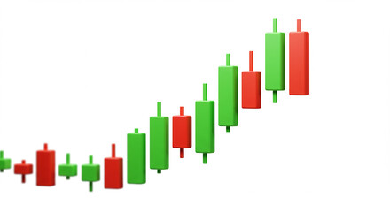 A visual representation of a stock market chart with green and red candlestick patterns on white background
