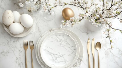 Elegant Easter table setting with marble plates, golden cutlery, white eggs, and cherry blossoms