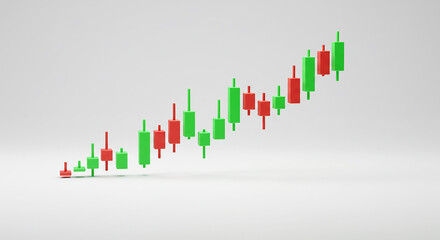 A simplistic upward trending candlestick chart with green and red bars on a white background