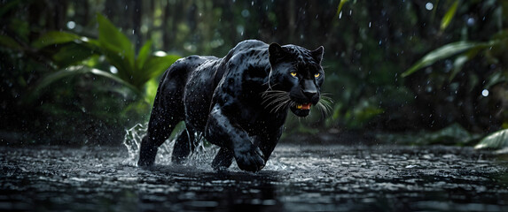 Panther attack under the rain in the jungle, isolated 