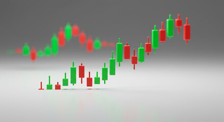 A stylized stock market chart with red and green candlesticks on a gray gradient background