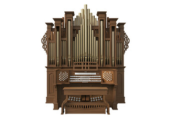 Classic wooden pipe organ with multiple keys and pipes 
 isolate