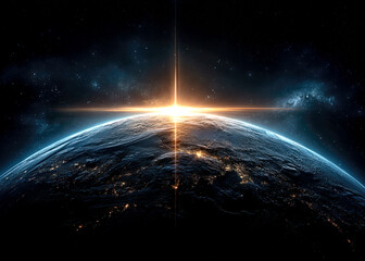 As dawn breaks, sunlight spills over the horizon, illuminating Earth's surface while stars fade into the background, showcasing the intricate beauty of our planet from a cosmic vantage point.