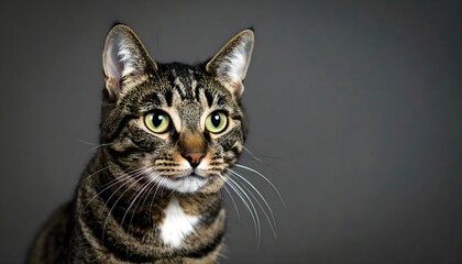 Obraz premium Tabby cat studio portrait with striking green eyes, ideal for pet care, animal welfare, and veterinary content