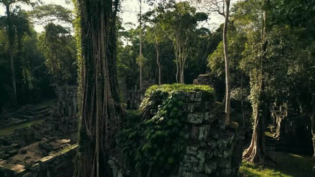 The ancient ta prohm temple, a captivating blend of nature and architecture, where massive trees intertwine with the stone ruins, creating a mesmerizing scene