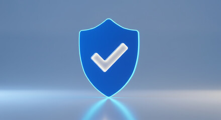 A blue shield with a white check mark in the center on a light blue background with a reflection
