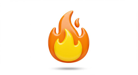 A glossy orange and yellow flame emoji with a small shadow isolated on a white background image