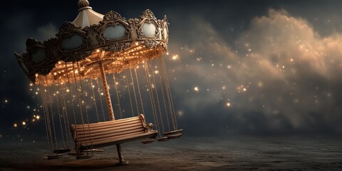 Whimsical vintage carousel with empty bench and glowing lights in magical night scene.