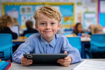 Student Happy young uses tablet in modern classroom