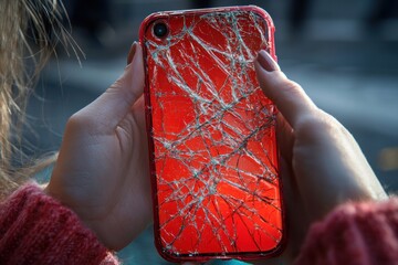 In lively urban location, teenager skillfully applies sticker over friend's cracked phone screen friend looks panicked, enhancing moment's drama and surprise