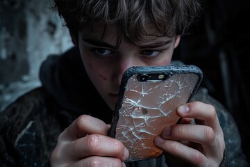 teenager leans in closely as they carefully place sticker on friend's phone cracked screen, capturing friend's panicked expression