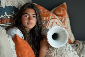 teenager crouches behind couch, gripping air horn, ready start light hearted prank on their sibling Colorful cushions surround them, creating playful atmosphere
