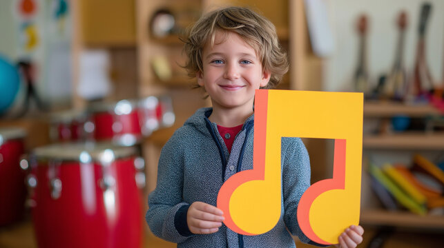 Young boy smiling while holding music note in a classroom setting  