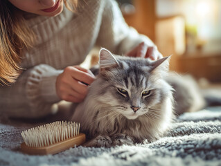 Cozy Indoor Cat Grooming: Woman Bonding with Soft Fur Pet Using Essential Pet Care Tools