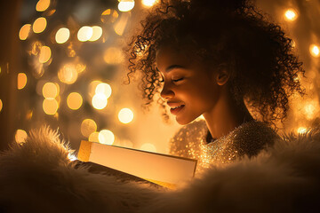 woman laughs delightedly as she opens greeting card humorously acknowledges adulthood in cozy cafe adorned soft bokeh lights, creating warm atmosphere