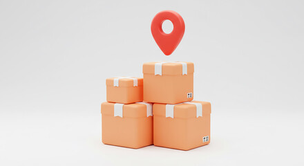 Stack of packages with white tape and a red location pin on top against a white background scene