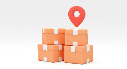 Stack of four orange boxes with white tape and a red location pin on a white background scene