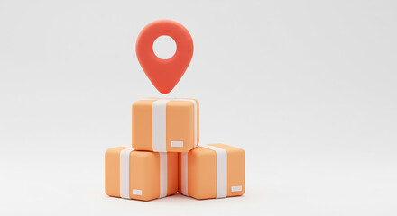 Stack of boxes with a location pin on top against a white background in a stylized rendering