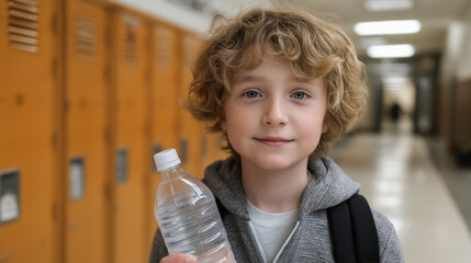 Young boy holding a water bottle and smiling in school hallway