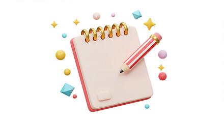 A stylized notepad with a pencil and floating shapes creating a whimsical and creative atmosphere