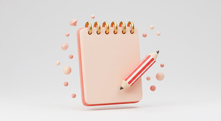 A pink notebook with golden rings and a red and white striped pencil on a white background scene
