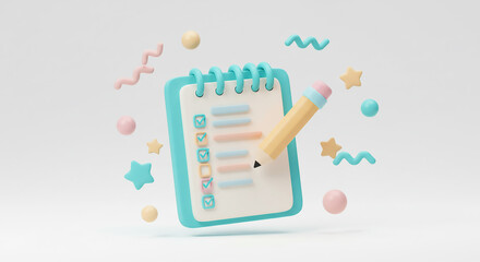 A stylized notepad with a pencil and confetti floating around on a plain white background scene design