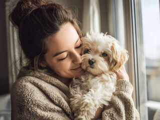 Affectionate Woman and Her Dog in Cozy Indoor Setting with Soft Lighting, Epitomizing Happiness and Pet Bonding