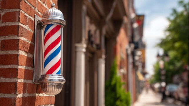 Classic barber pole mounted on brick wall in urban environment  