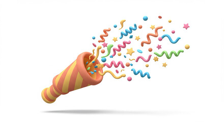 A festive party popper with colorful confetti and streamers on a clean white background rendering
