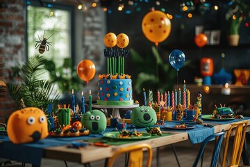 colorful birthday table is arranged joke items like whoopee cushions and exploding candles, creating fun atmosphere warm lighting and playful decorations