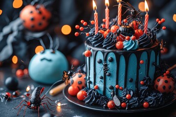 Celebrating surprise birthday festive table filled joke items like exploding cake candles, whoopee cushions, and realistic fake insects warm lighting