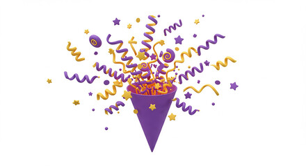 A purple cone filled with confetti stars and ribbons on a white background for celebration design