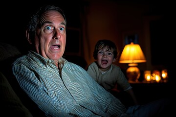 In warm and inviting living room, father acts scared after his child jumps out from behind couch Their shared laughter creates joyful, candid moment filled family love