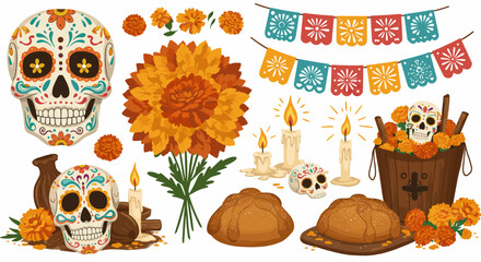 Illustration featuring sugar skulls, marigolds, candles, and pan de muerto for day of the dead theme