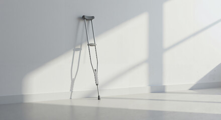 Crutches leaning against a white wall in a bright indoor space  