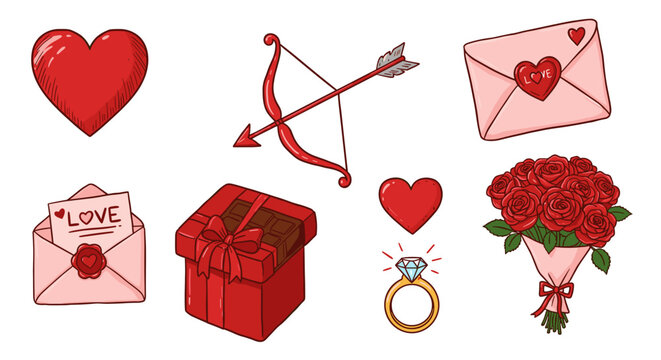 Illustration showing hearts, bow and arrow, envelopes, gift, ring, and roses for valentine's day theme