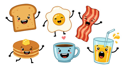 Cartoon breakfast with toast, egg, bacon, pancakes, coffee, and juice, all with happy faces and waving arms