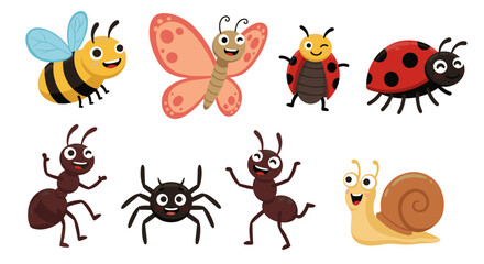 Collection of cartoon insects including a bee, butterfly, ladybugs, ants, spider, and a snail illustration