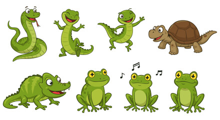 Illustration featuring a cartoon snake lizards crocodile turtle and frogs on a white background surface